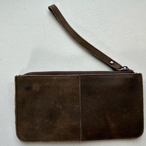 Leather wallet brown zipper cash long clutch envelope pouch handle